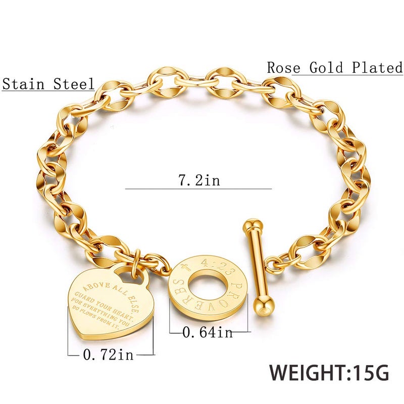 kelistom 316L Stainless Steel Love Heart Charm Bracelet for Women Romantic Gift 18k Gold Plated OT Clasp Bracelets (18k gold) - Image 2